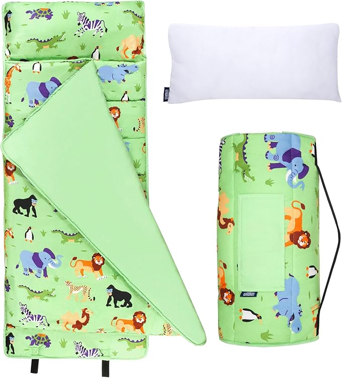 Wildkin Kids Microfiber Nap Mat – Soft Sleep Mat with Pillow, Ideal for School & Travel - Wild Animals