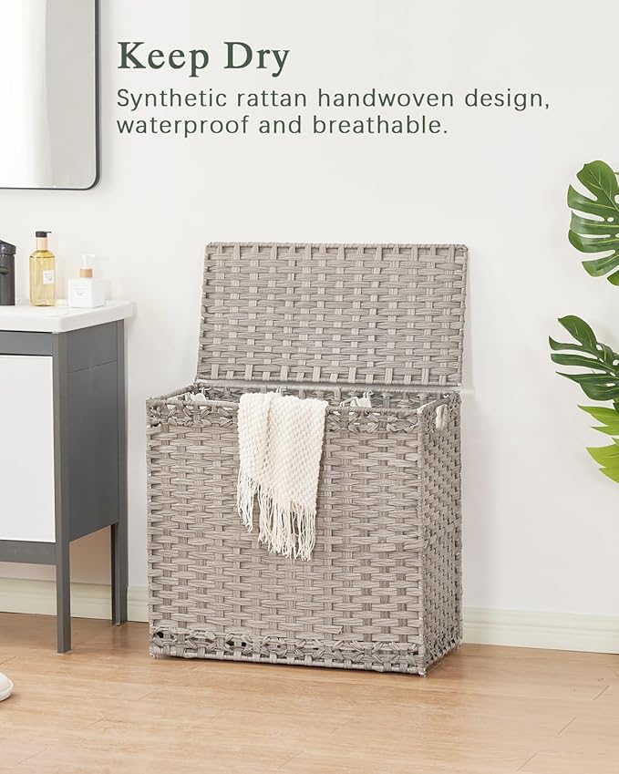 Laundry Hamper with Lid Laundry Basket 132 L (35 Gal) Wicker Clothes Hamper, Handwoven Rattan Hamper with Handles and 4 Removable Liner Bags, 6 Mesh Bags for Laundry Bedroom Gray