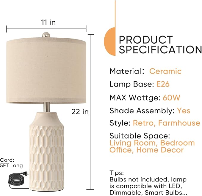 22IN Modern Ceramic Table Lamp Set of 2 White Lamps