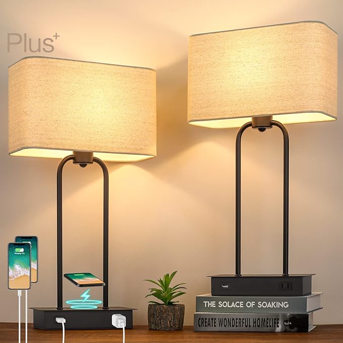 Set of 2 Wireless Charging Touch Control 3-Way Dimmable Table Lamps, Beside