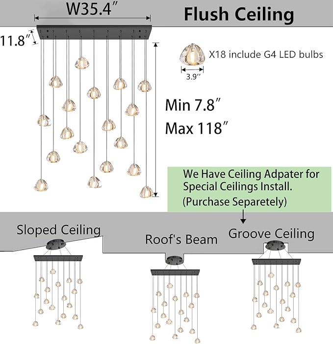 W35 x D11.8 x H118 Rectangular Chandelier Bubble Crystal Balls Glam Chandeliers