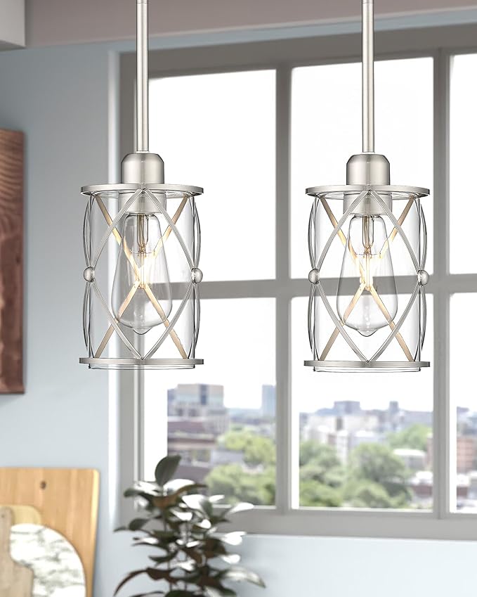 Brushed Nickel Pendant Lights Kitchen Island 3 Pack, Glass Kitchen Pendant