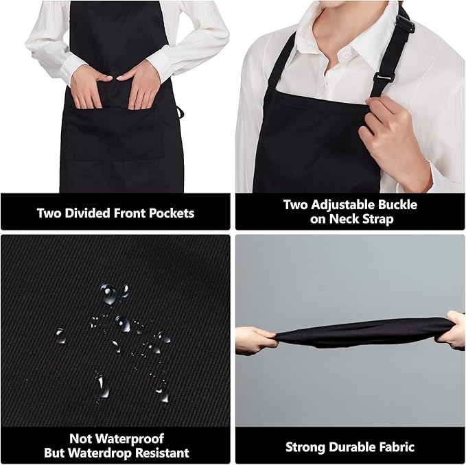 Jubatus 12 Pack 100% Cotton Aprons Bulk with 2 Pockets Cooking Chef Kitchen Adjustable Bib Apron for Women Men, Black
