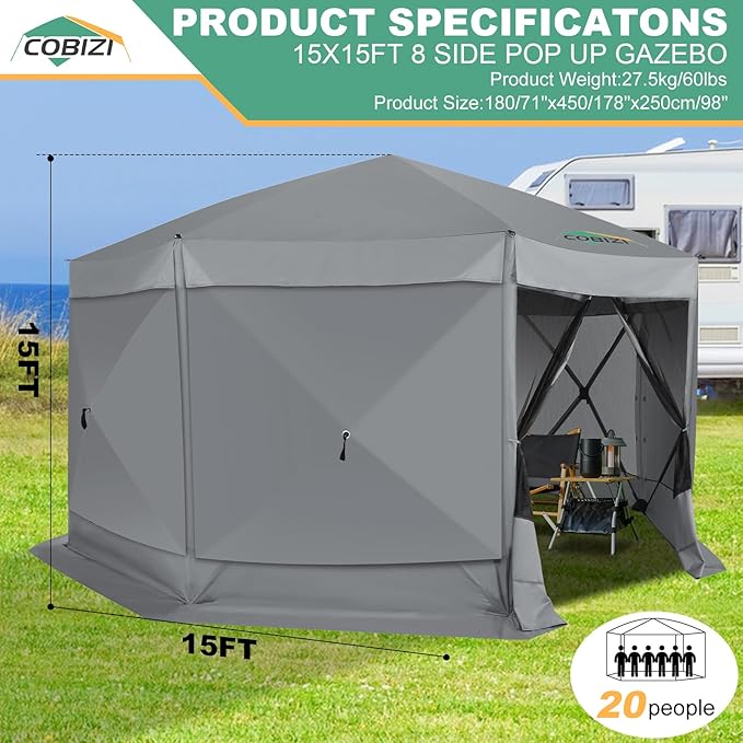 COBIZI 15x15ft Extra Large Pop-Up Gazebo Canopy Tent with Mosquito Netting, Spacious Easy Set-Up Screened Shelter, Durable Outdoor Pavilion with Ground Stakes, Perfect for Patio, Backyard, and Lawn