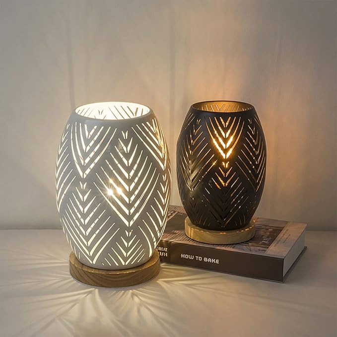 OuXean Bedside Table Lamp, Small Night Light Metal Lampshade and Wood Base