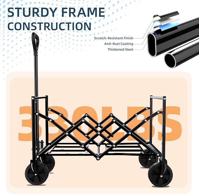 Favoyard Collapsible Wagon 100L & 330LBS, Heavy Duty Wagon Carts Foldable, Portable Folding Wagons with All - Terrain Wheels& Drink Holders, for Grocery Camping Beach Shopping Garden, Black