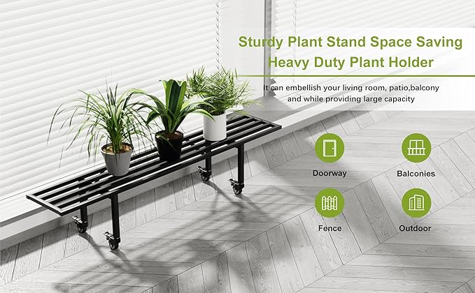 Zhongma One Tier Metal Plant Stand with Wheels,(45.67 L x 8.66 W x 10.3 H) Heavy Duty Plant Holder for Home, Window,Garden, Plant Lovers, Display Stand