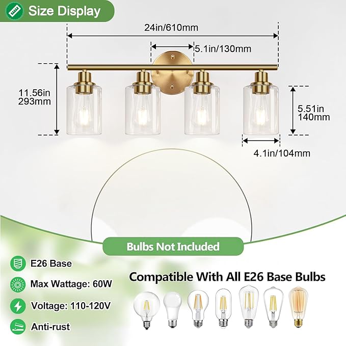 4-Light Bathroom Light Fixtures, Brushed Gold Modern Vanity Lights Over Mirror