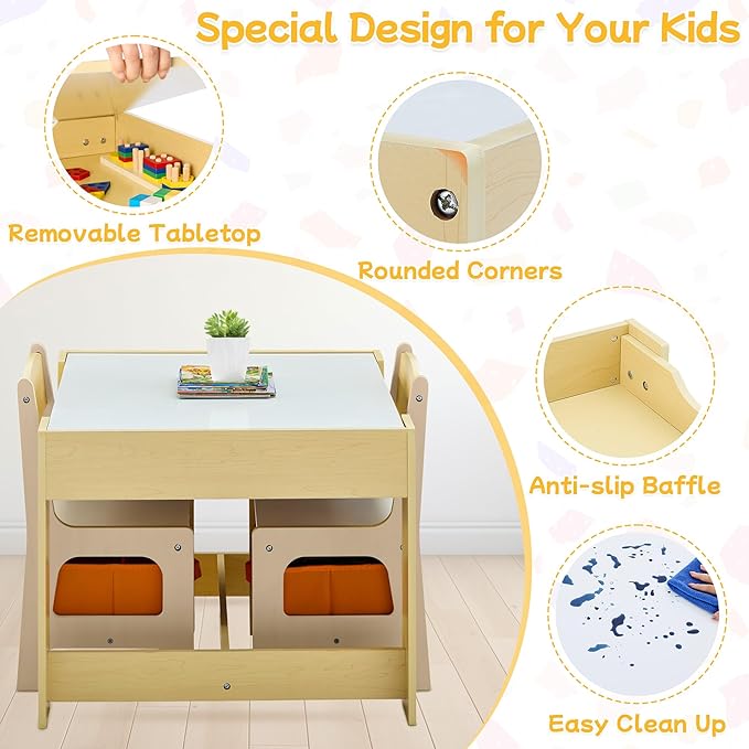 Kids Table and Chair Set, 3 in 1 Wooden Activity Table with Detachable Tabletop, Toddler Table and Chair Set with Storage Drawer, Kids Play Table for Children Art, Craft, Eating, Learning