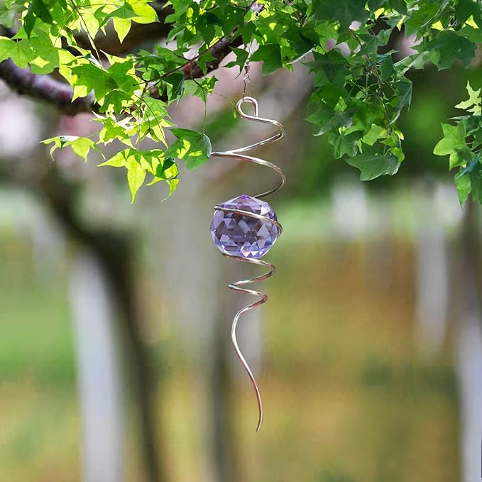 Fonmy Gazing Ball Spiral Tail -Decorative Wind Spinner Sun Catcher Rainbow Maker 11 inch Tail and 2 inch Purple Crystal Orb. Indoor Outdoor Garden Decoration -13 inch Height