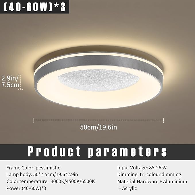 LED Flush Ceiling Light, 19in Grey Round Ceiling Light Dimmable