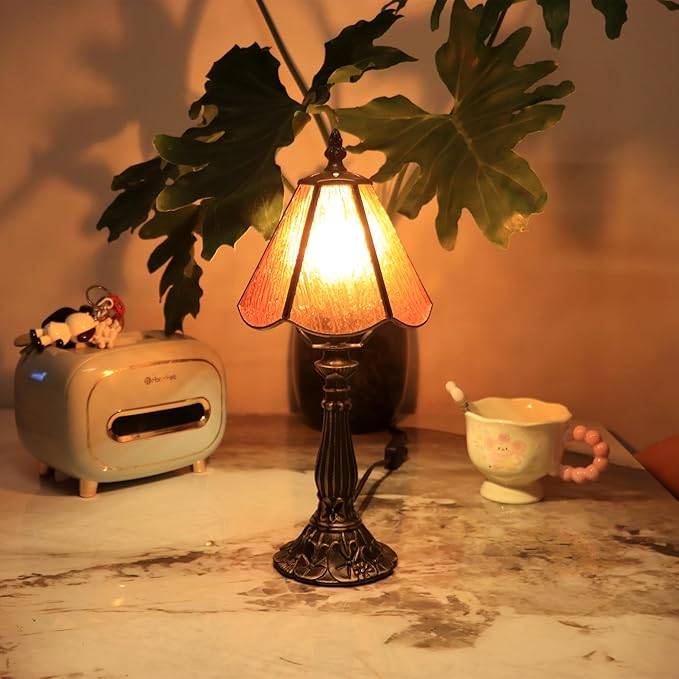 Small Tiffany Table Lamp Orange Bark Pattern Style Stained Glass Desk Lamps