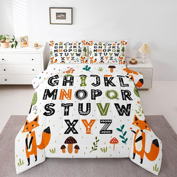 Feelyou Educational Nursery Art Comforter Set Queen Size Alphabet Kids ABC Learning Bedding Set for Kids Boys Girls Cute Fox Duvet Quilt Woodland Animals Bedroom Decor 3 Pcs with 2 Pillow Cases