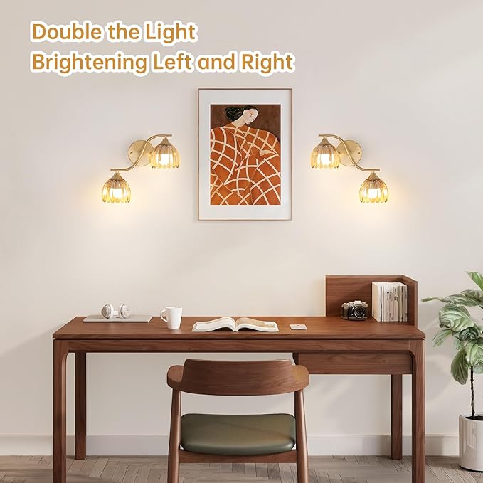 Battery Operated Wall Sconce, 2-Lights Vinatge Brass Wall Lighting