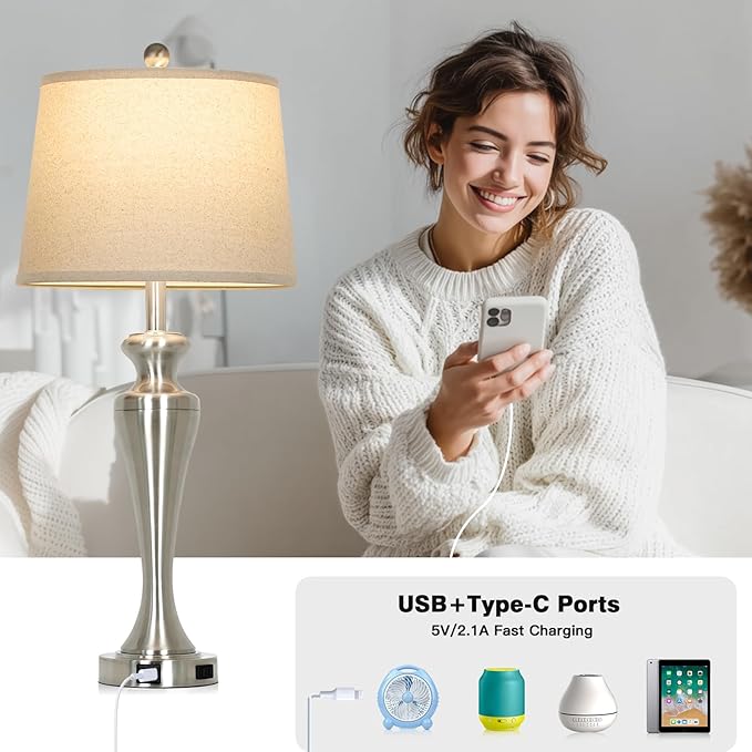 30 Inch Single Silver Table Lamp, 3-Way Dimmable Touch Bedroom Lamp