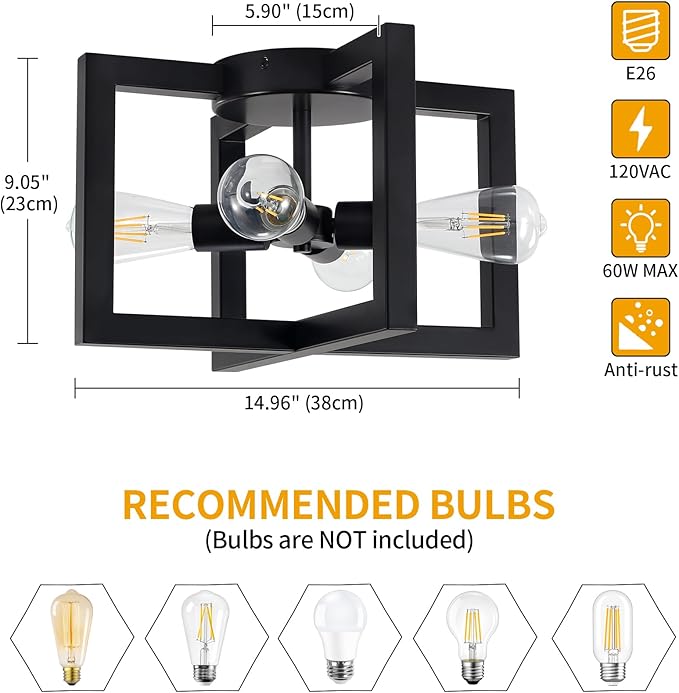 15" Black Geometric Semi Flush Mount Ceiling Light Fixture, 4-Light Modern