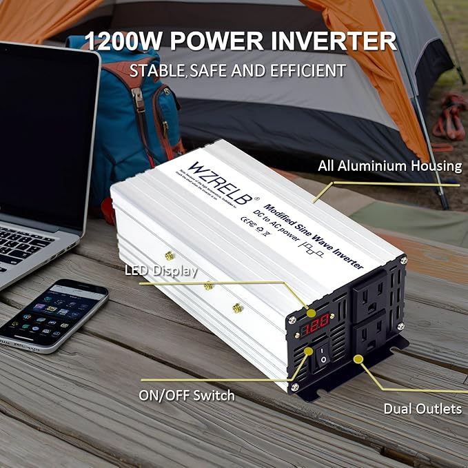 WZRELB 1200W Power Inverter 12V DC to 110V 120V AC,2400W Peak Modified Sine Wave Car Inverter with LED Display,Dual AC Outlets,Soft Starter,Off-Grid Power Converter with High Efficiency up to 90%