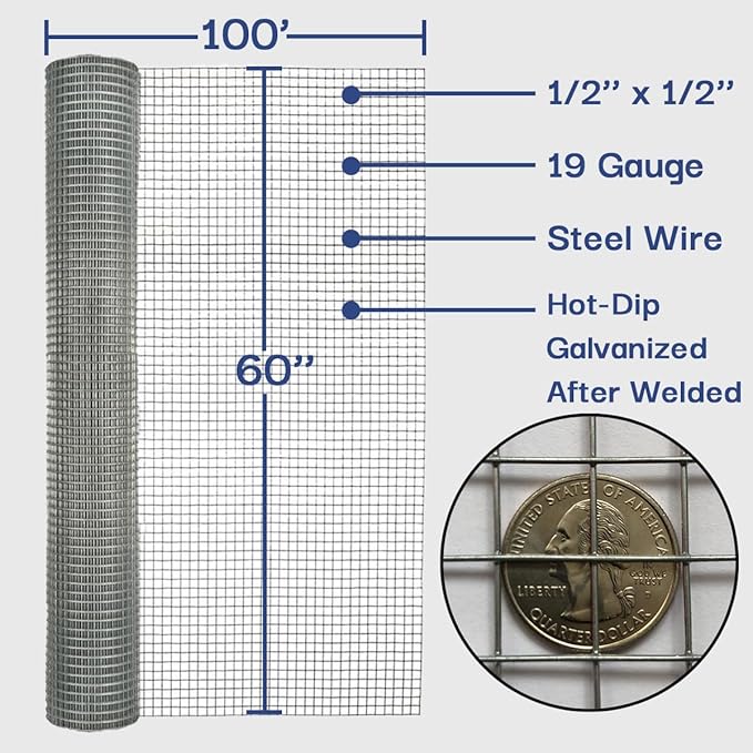 1/2 inch Hardware Cloth, 60'' W x 100' L, 19-Gauge, Galvanized, Chicken Wire Fencing, Gopher Wire Mesh, Garden Fencing