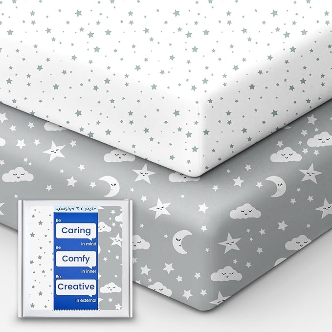 Crib Fitted Sheet Star, Super Stretchy Jersey Crib Sheets, Buttery Soft Boy Crib Mattress Sheets, Ultra Breathable Baby Bed Sheets 28x52x9 Extra Deep Pocket, 2 Pack