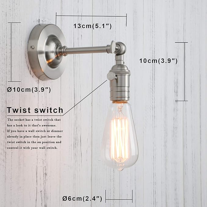 PERMO Vintage Industrial Pole Wall Mount Mini Single Sconce Metal Wall Sconces