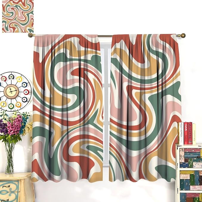 70S Abstract Wavy Swirl Curtain for Bedroom Windows,Retro Boho Minimal Teen Girls Kids Living Room Restroom Window Treatments Drapes 42"" W X 63"" L, Style-4