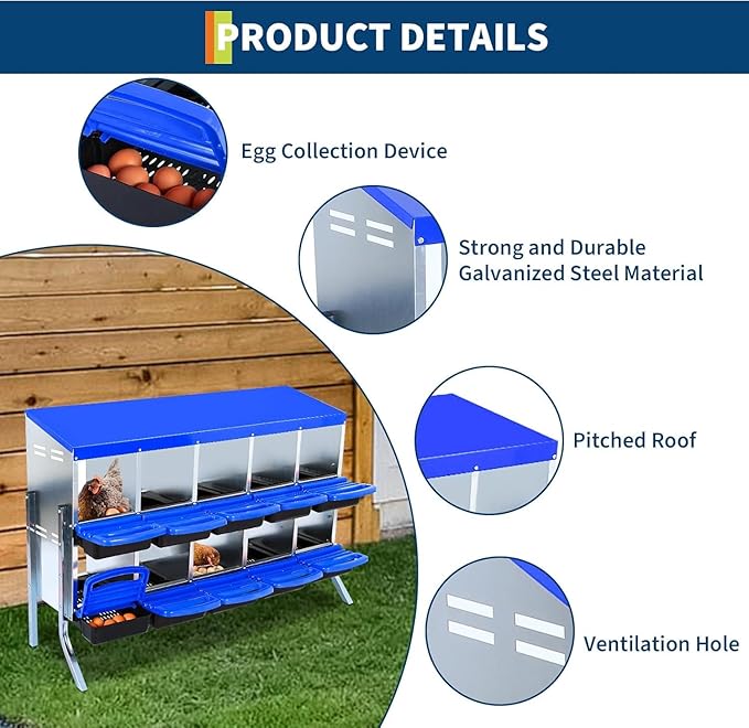 Chicken Nesting Box，10-Hole Nesting Boxes for Chicken Coop with Removable Plastic Egg Tray & Ventilation Holes, Wall Mount/Freestanding Poultry Laying Boxes for Hens, Ducks & Coops
