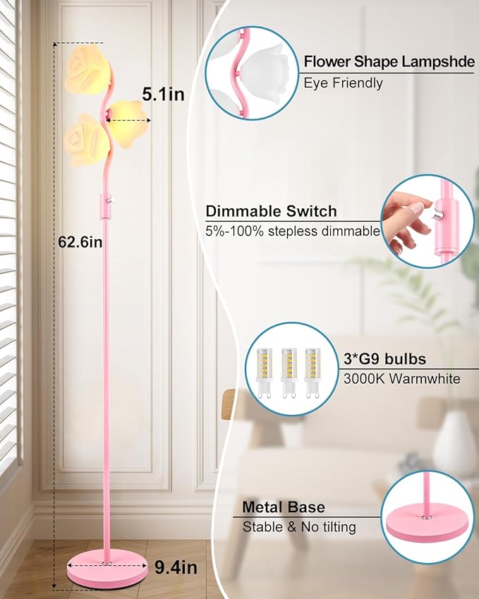 Dimmable Pink Floor Lamp, Unique Cute Flower Standing Lamps