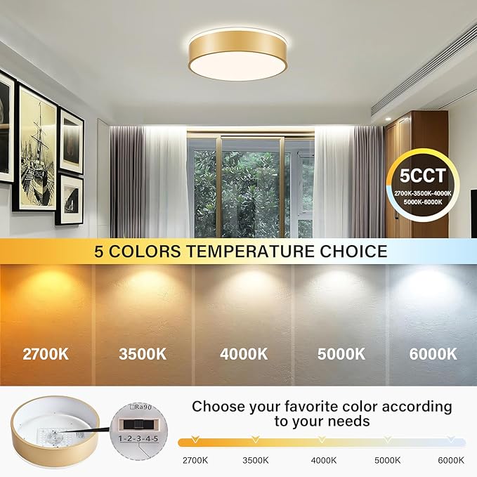 Dimmable Gold LED Large Flush Mount Ceiling Light, 5CCT 2700K-6000K Ceiling