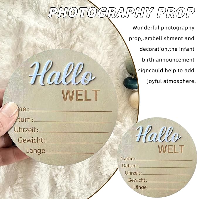 Baby Announcement Sign, 5.9 Inch Wooden Hello World Newborn Signs, "Hallo Welt" Decoration, Birth Announcement Sign, Welcome Newborn Arrival to World, Hospital Nursery for baby