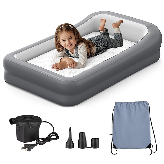 Inflatable Toddler Travel Bed, Portable Kids Air Mattress with Soft Bed Sheet, Toddler Air Mattress with Surround Safety Bumpers, Ideal for Home Use or Travel, Includes Pump and Carry Bag