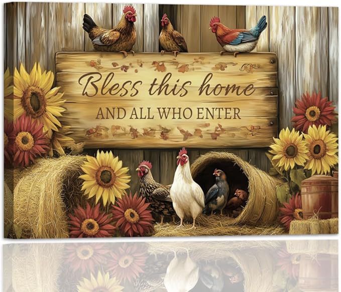 YMXDYMJSW Rooster Canvas Wall Art Chicken with Sunflower Pictures Farm Animal Prints Chicken Coop Paintings Inspirational Quotes Artwork for Kitchen Decor Frame (Red,28L x 42W)