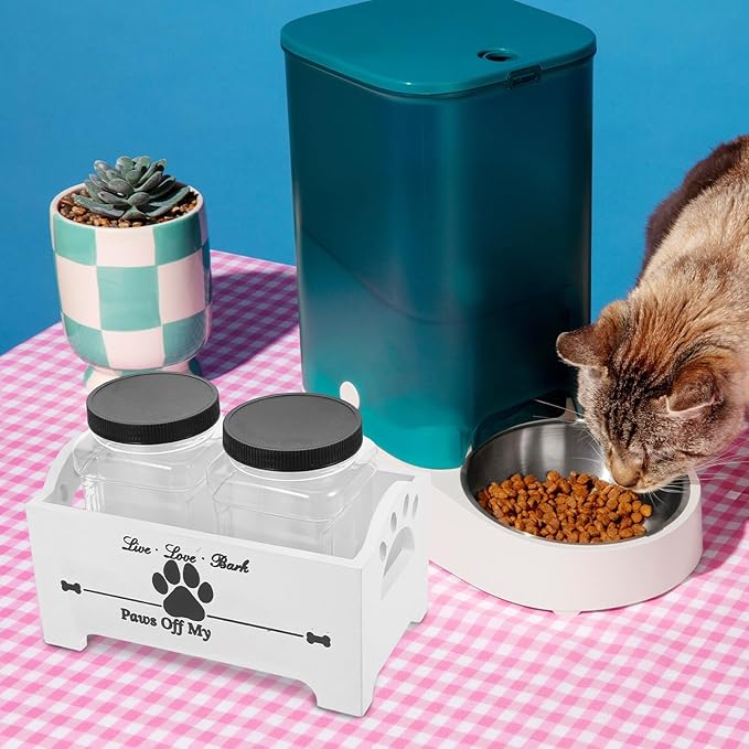 Mipcase Wooden Dog Food Storage Box with Airtight Jars, Treat Container Set for Countertop, Farmhouse Style Dog Treat Holder with Divided Compartments, White Wood for Home Pet Food