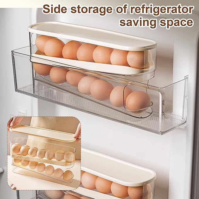 Egg Holder for Fridge, 2025 New Egg Organizer for Refrigerator Automatic Scrolling Eggs Rack Holder Rolling Dispenser, Stackable Fridge Container and Storage with Lid (2 Pcs)