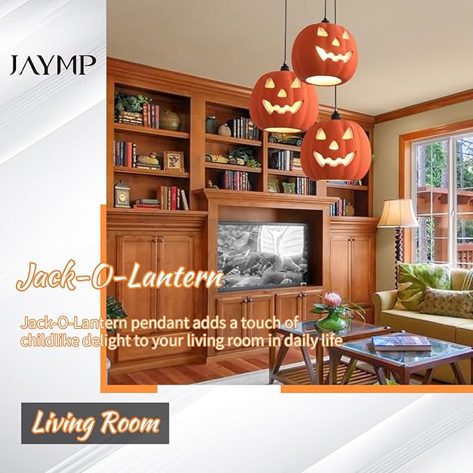 JAYMP Halloween Light Up Pumpkin Pendant Light, Jack O Lantern, Living Dining