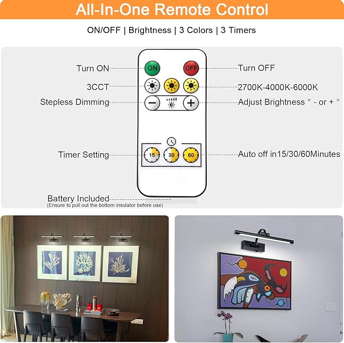 Wireless Battery Operated Picture Light, Rechargeable Wall Light