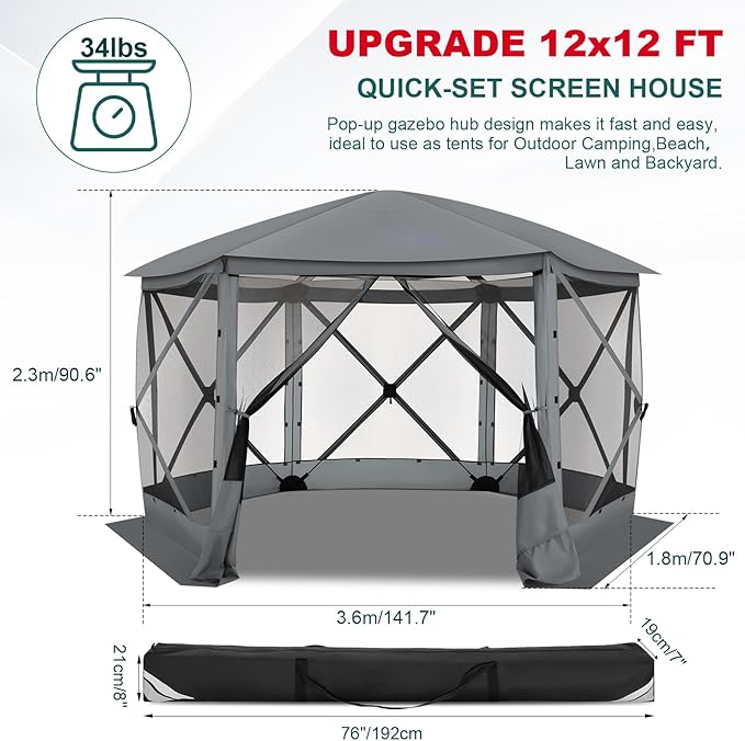 COBlZl Pop Up Gazebo 12x12 Screen House Tent for Camping, Outdoor Instant Stargazing Gazebo Canopy with Awning 2.0, Portable Hub Tent with Mosquito Netting, Pavilion for Backyard,Gray