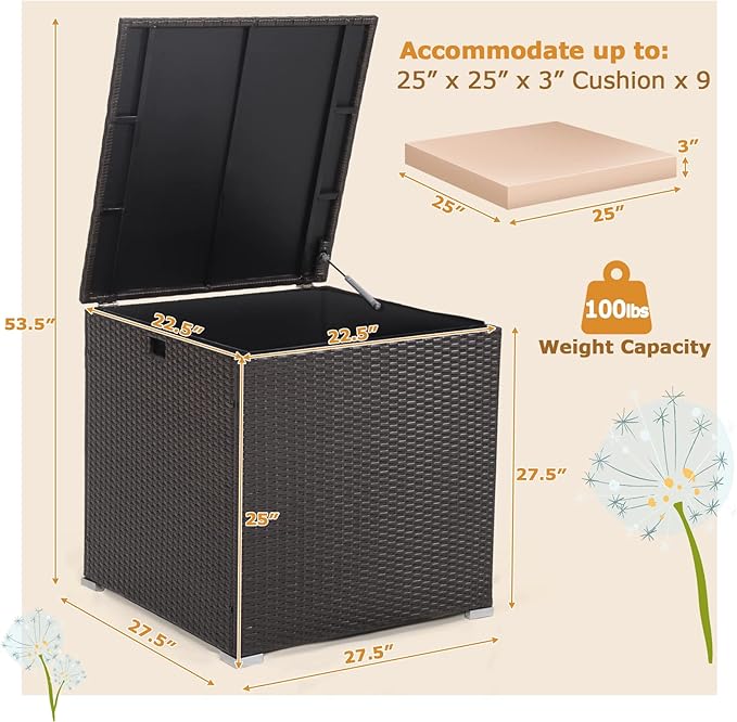 Tangkula 72 Gallon Square Deck Box, Patio Mix Brown Rattan Storage Container w/Zippered Liner & Solid Pneumatic Rod, Sturdy L-Shaped Aluminum Feet, Outdoor Wicker Deck Box for Front Porch, Backyard
