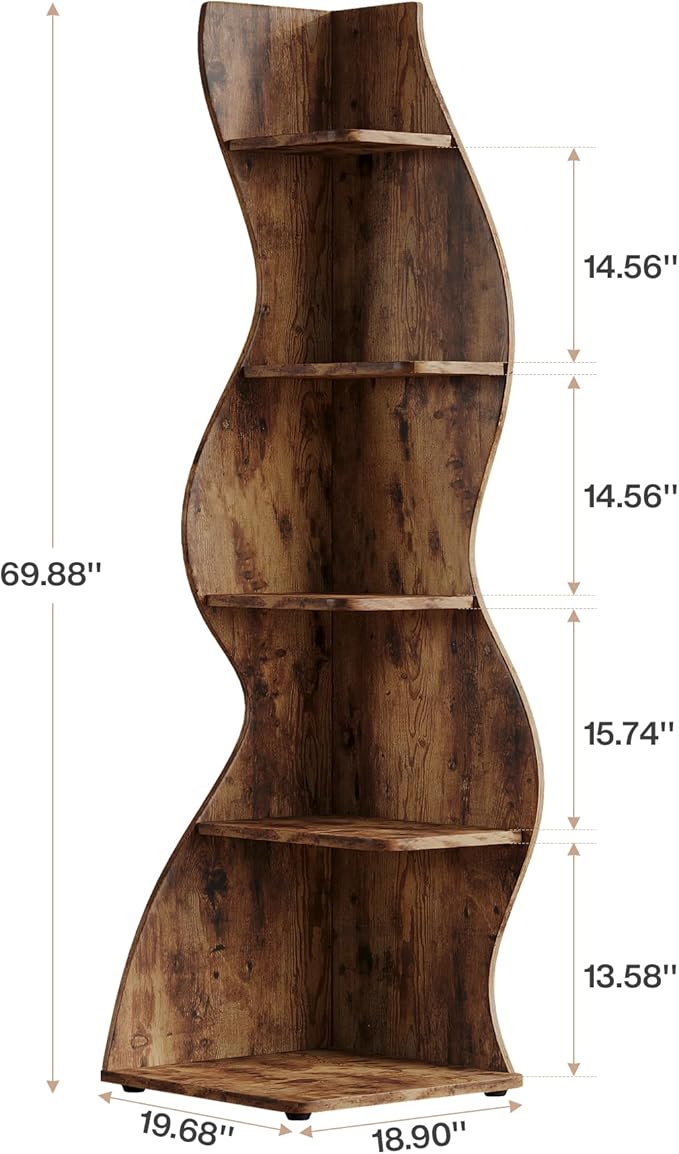 Tribesigns Wavy Corner Shelf, Modern 5-Tier Bookshelf Bookcase with Curvy Shape, Unique Plant Stand Display Rack for Living Room Small Space (Brown)