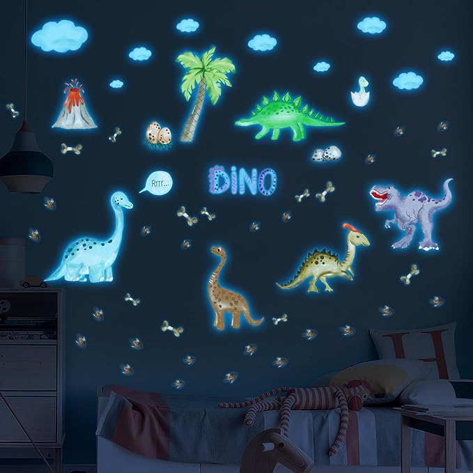 Glow in The Dark Dinosaur Wall Decals, 47 PCS Glowing Dino Stickers for Boys Bedroom, Large Luminous Removable Dinosaur Paw Wall Decor for Nursery