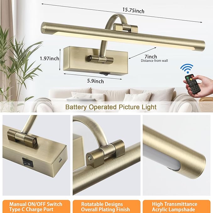 LED Picture Lights for Wall Rechargeable, Battery Operated Art Light for