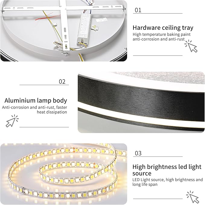 LED Flush Ceiling Light, 15in Black Round Ceiling Light Dimmable