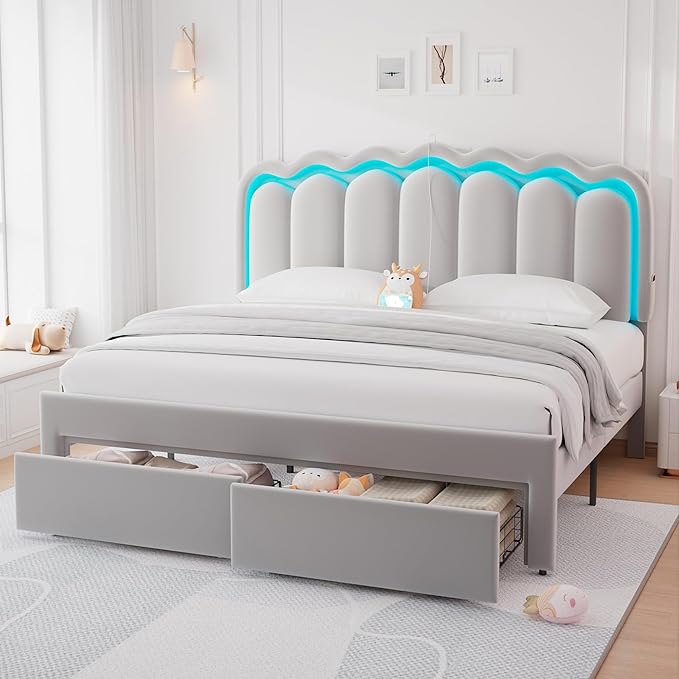 King Upholstered LED Bed Frame with 2 Storage Drawers and Adjustable Chic Double Wavy Headboard, Velvet Princes Platform Bed with Charing Station, Solid Wood Slats Support, No Box Spring Needed, Grey
