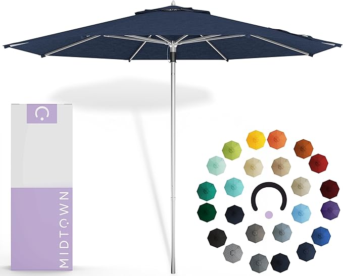 Midtown Umbrellas Push Pop Sunbrella Umbrella 8 Feet Outdoor Umbrella in Spectrum Indigo Acrylic Fabric - Patio, Backyard, Garden, Picnic Table & Pool - Black Pole