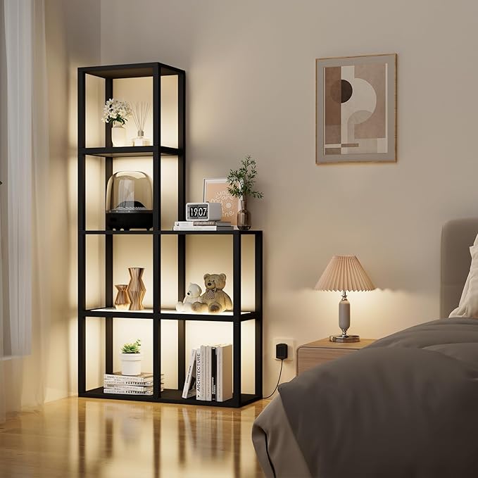 Display Shelf with LED Light Standing Floor Lamp with Glass Storage Shelves