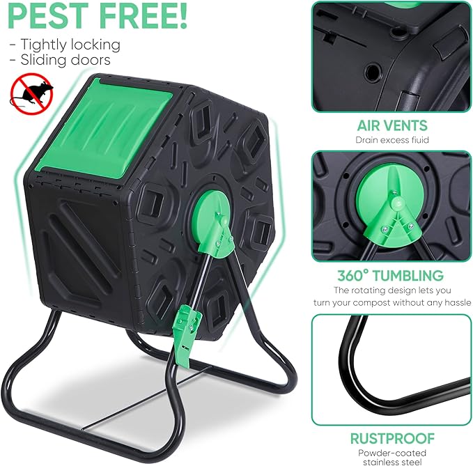 F2C 18.5 Gallon Compost Tumbler Compost Bin All-Season Outdoor BPA Free Single Rotating Chamber Composters w/ 2 Sliding Doors and Solid Steel Frame