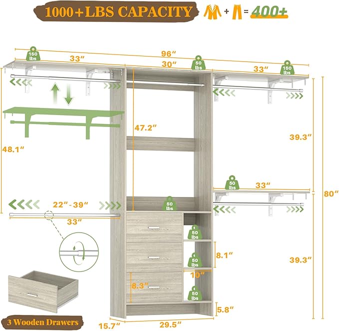Aheaplus Closet System - 8FT Organizer with 3 Wooden Drawers, Fits 5.3-9 ft Walk-in Closet, White Oak