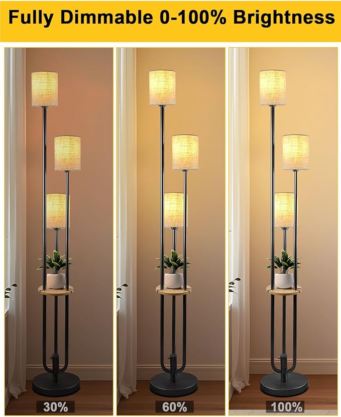 63IN Dimmable Floor Lamp with Shelf, Unique Black Tall Standing Lamps with Table