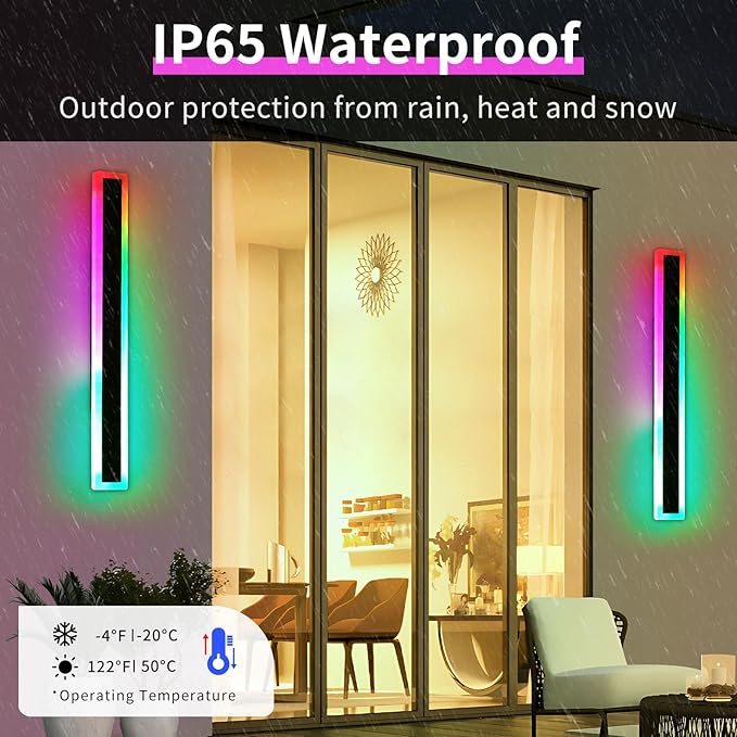 2 Pack 31.4inch Modern Outdoor Wall Lights, RGB Dimmable LED Wall Sconce Light