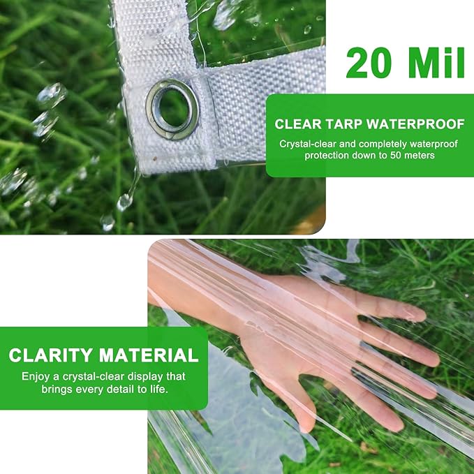 Clear Tarp 8x20ft Clear Tarps Heavy Duty Water Resistant,20Mil Thickened Transparent Tear Resistant PVC Vinyl Tarpaulin Enclosurewith Grommets and Reinforced Edges for Patio,Porch and Multipurpose
