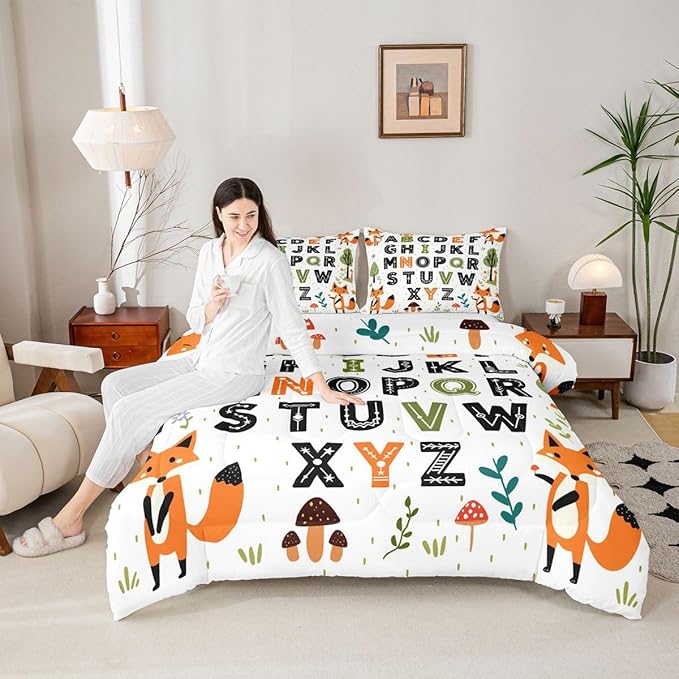 Feelyou Educational Nursery Art Comforter Set Queen Size Alphabet Kids ABC Learning Bedding Set for Kids Boys Girls Cute Fox Duvet Quilt Woodland Animals Bedroom Decor 3 Pcs with 2 Pillow Cases